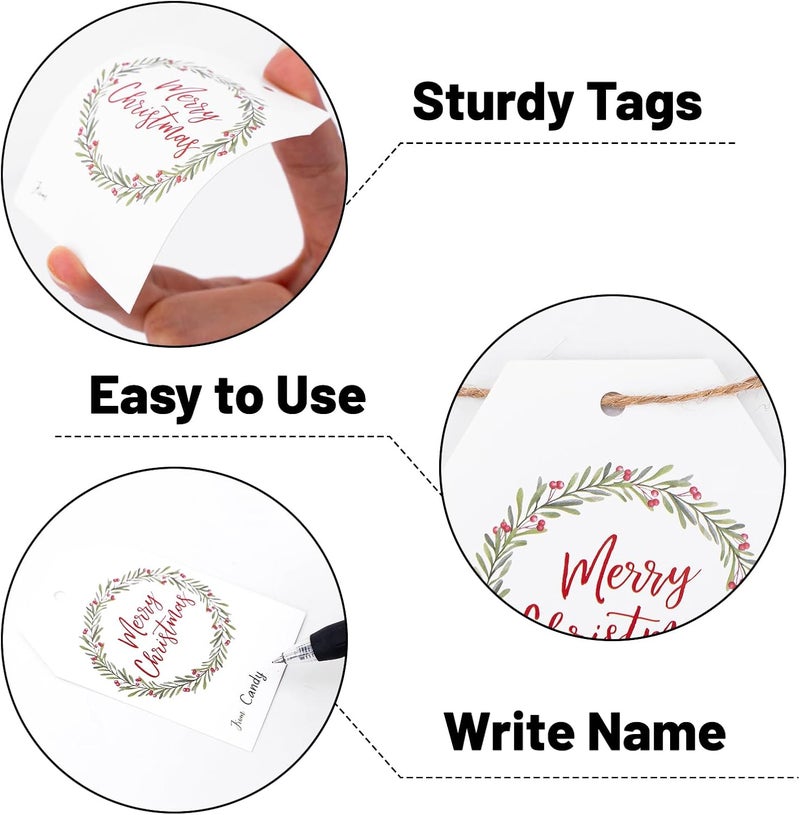 Alynta Merry Christmas Gift Tags - Holiday Wreath Gift Tags with String Xmas Tag 50Pcs Christmas Tag for Christmas Presents Gift Wrapping Xmas Decorations - Image 3
